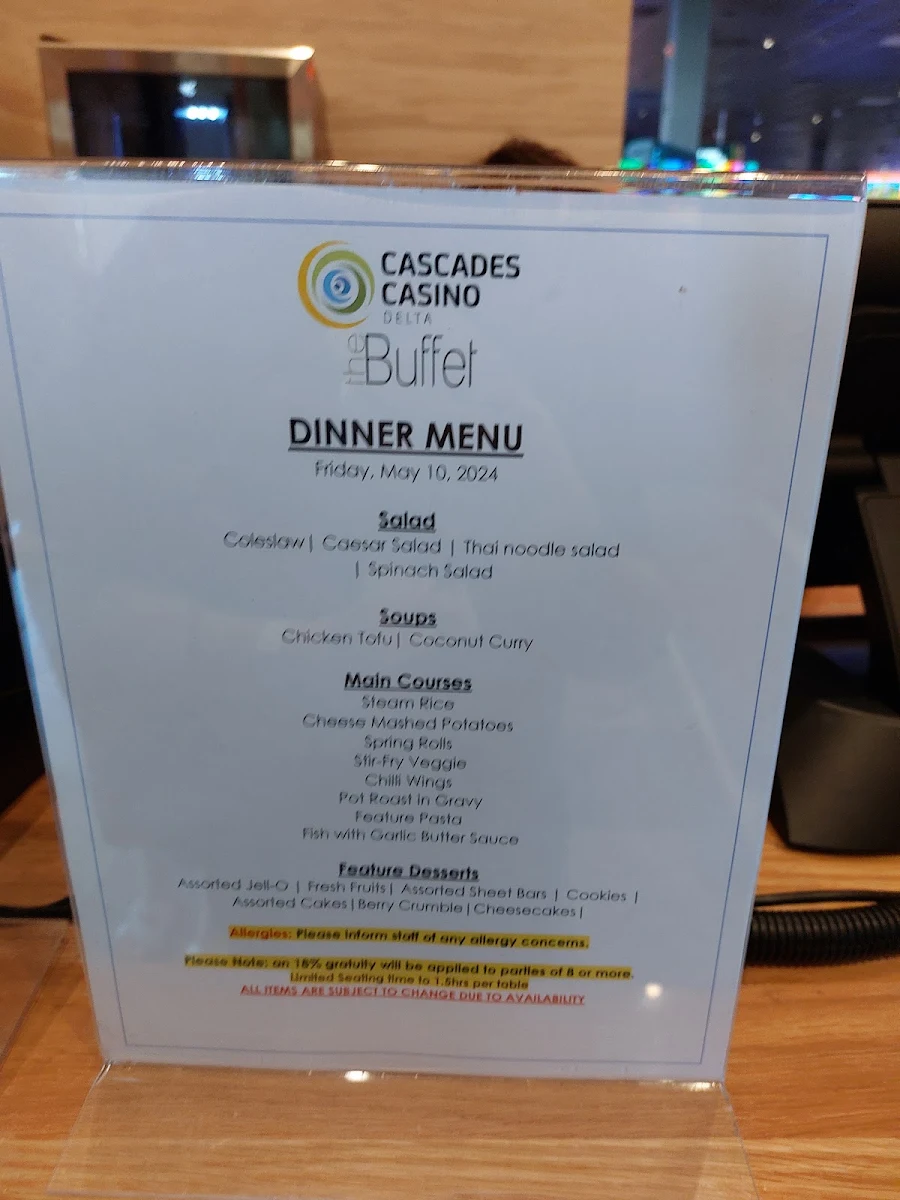 Menu, The Buffet at Cascades Casino Delta
