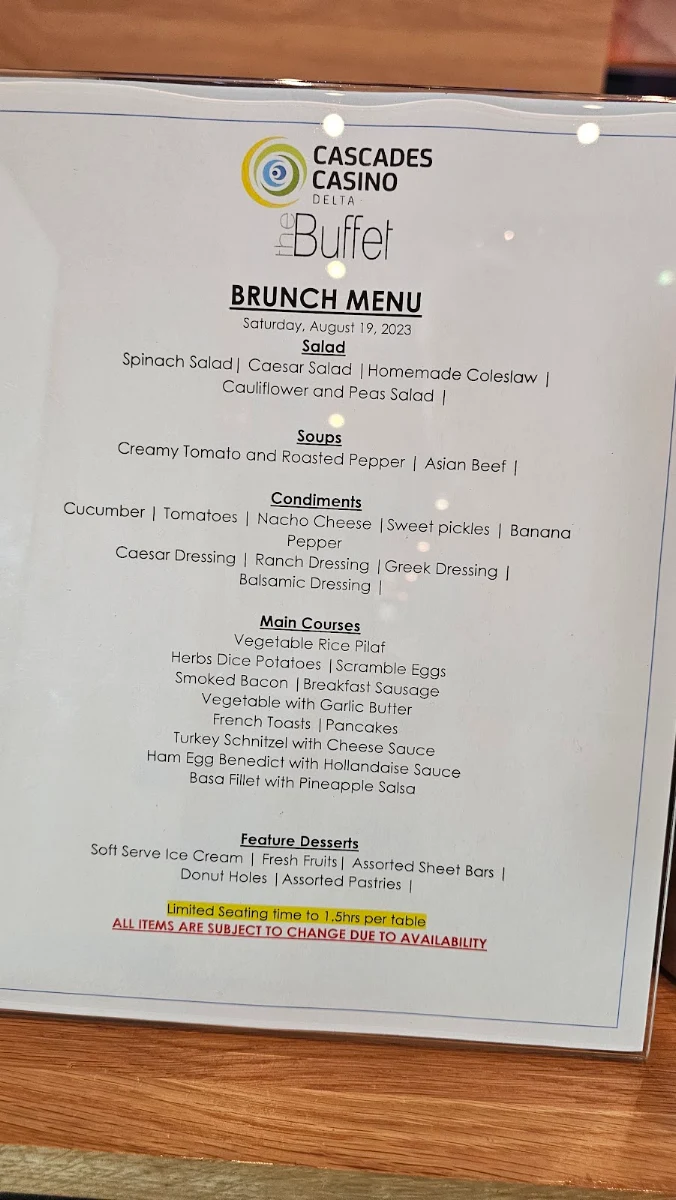 Menu, The Buffet at Cascades Casino Delta