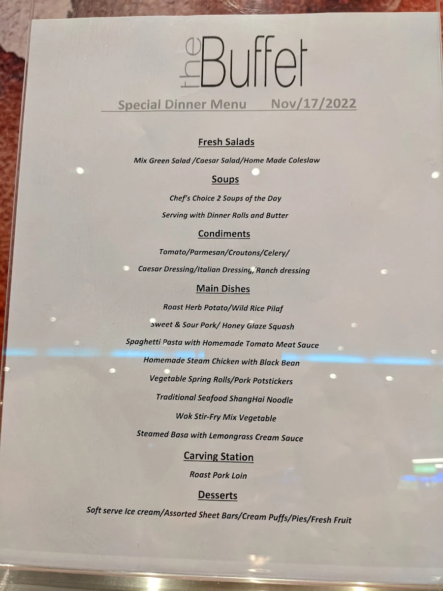 Menu, The Buffet at Cascades Casino Delta