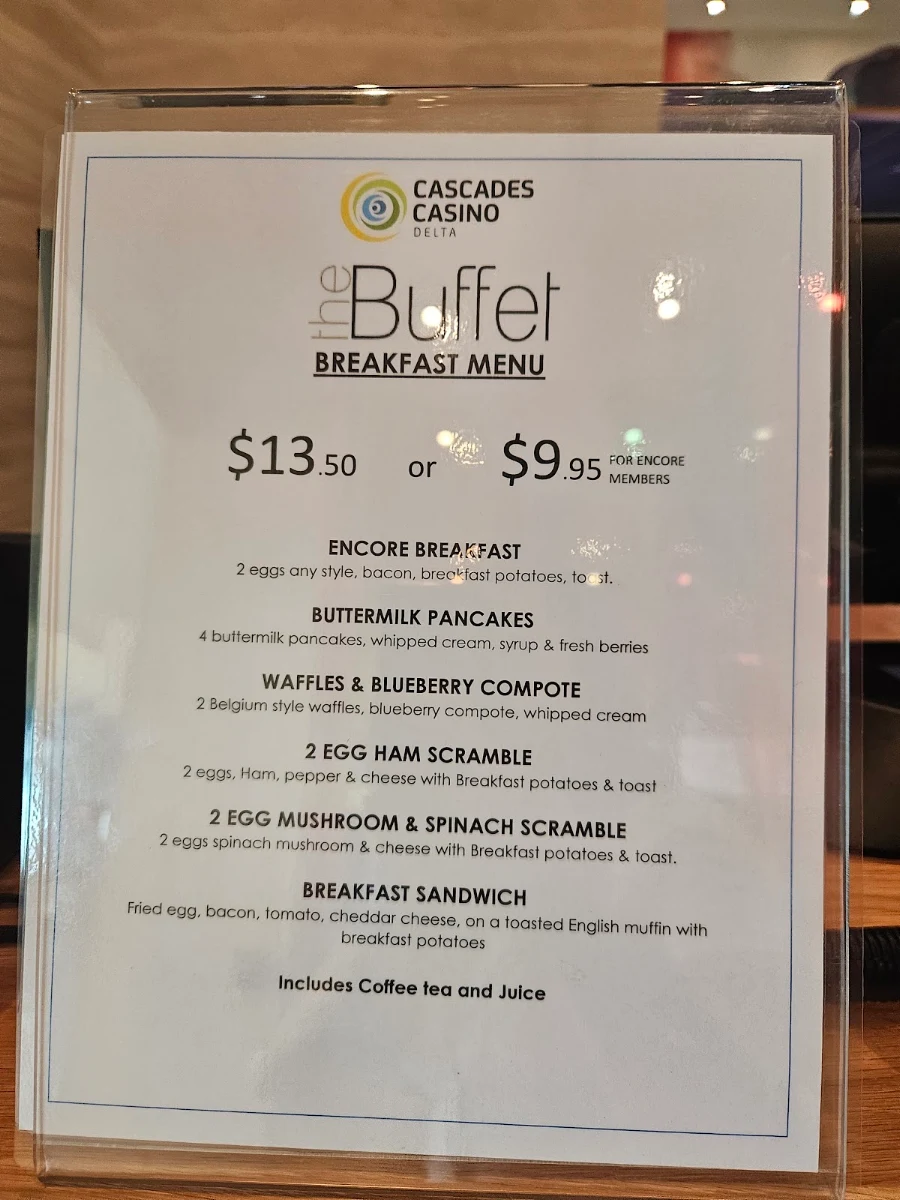 Menu, The Buffet at Cascades Casino Delta