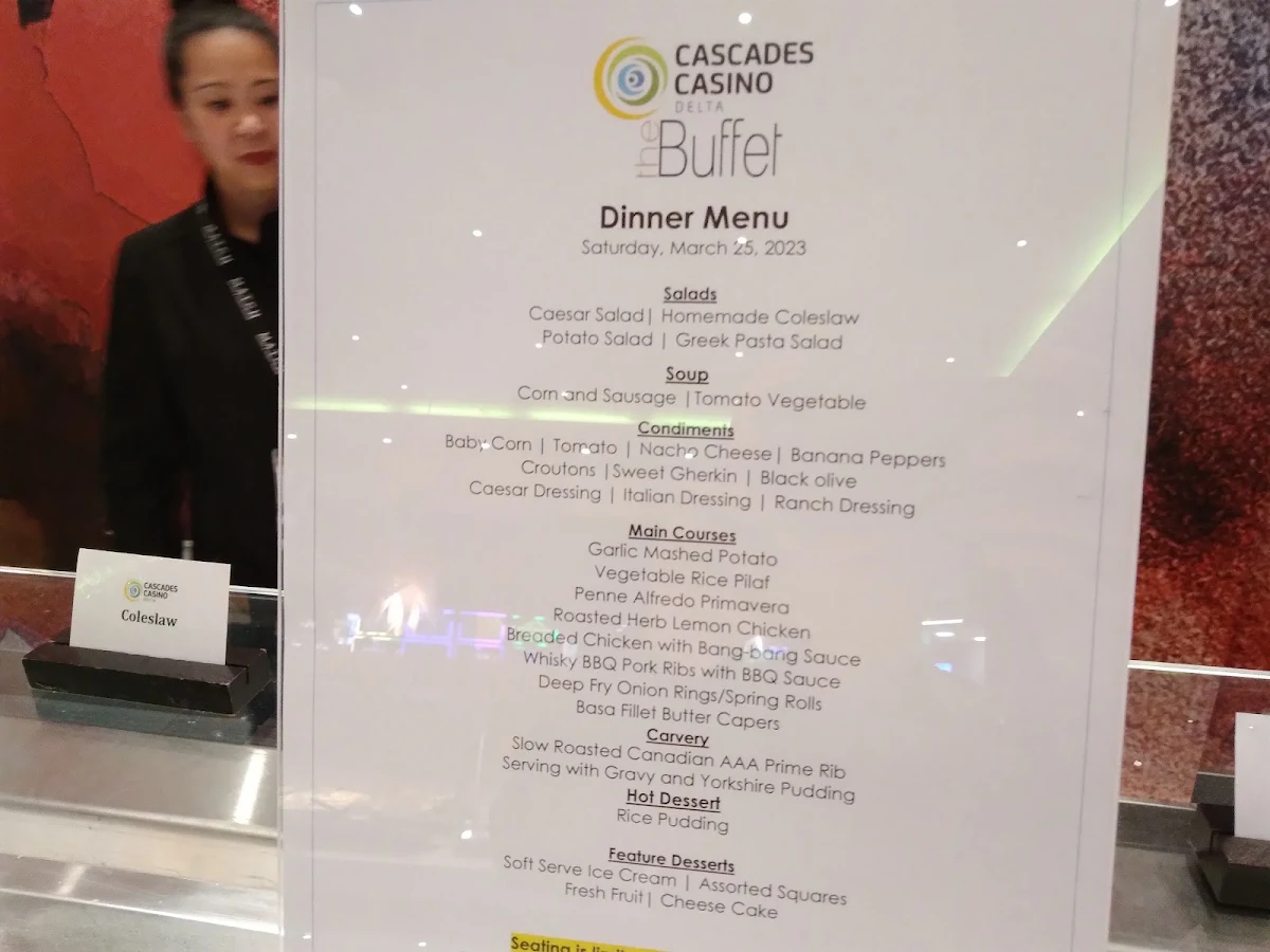 Menu, The Buffet at Cascades Casino Delta