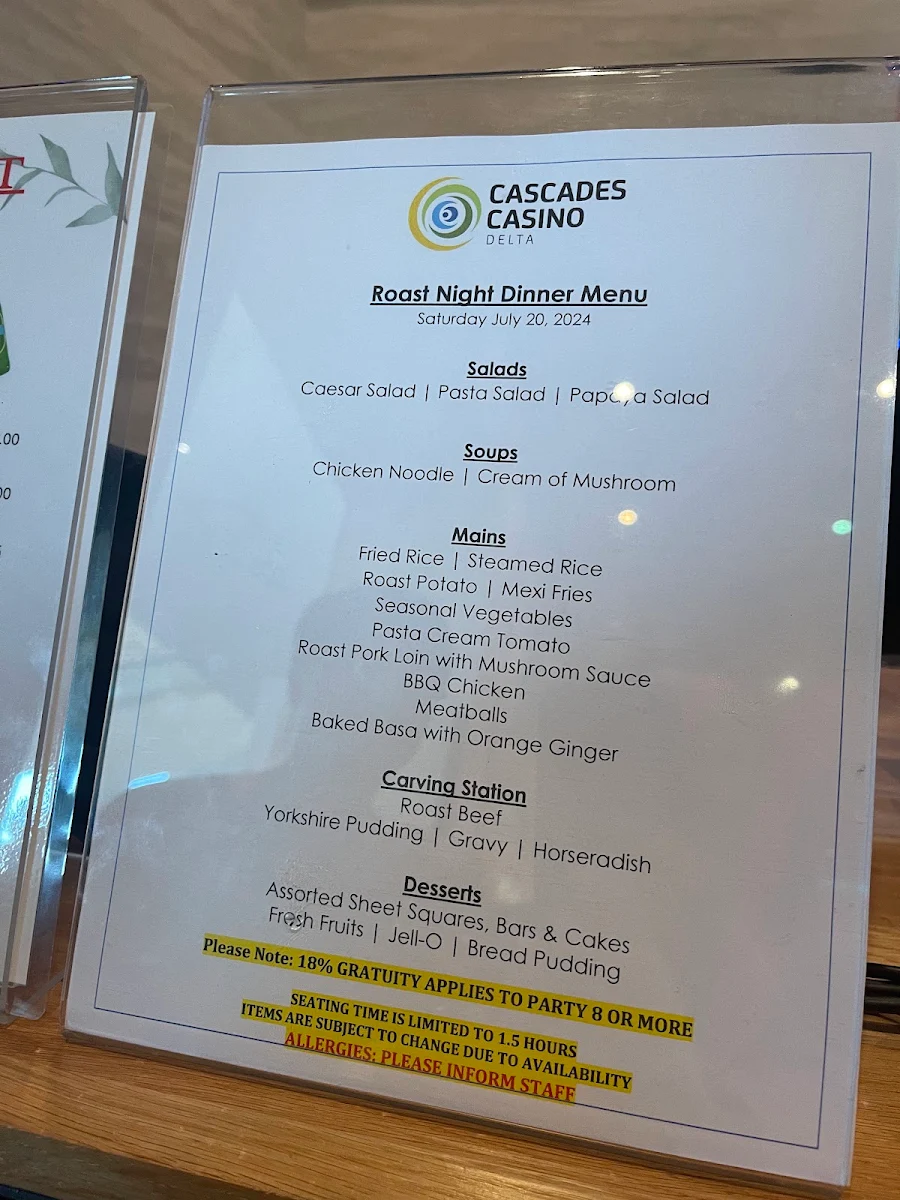 Menu, The Buffet at Cascades Casino Delta