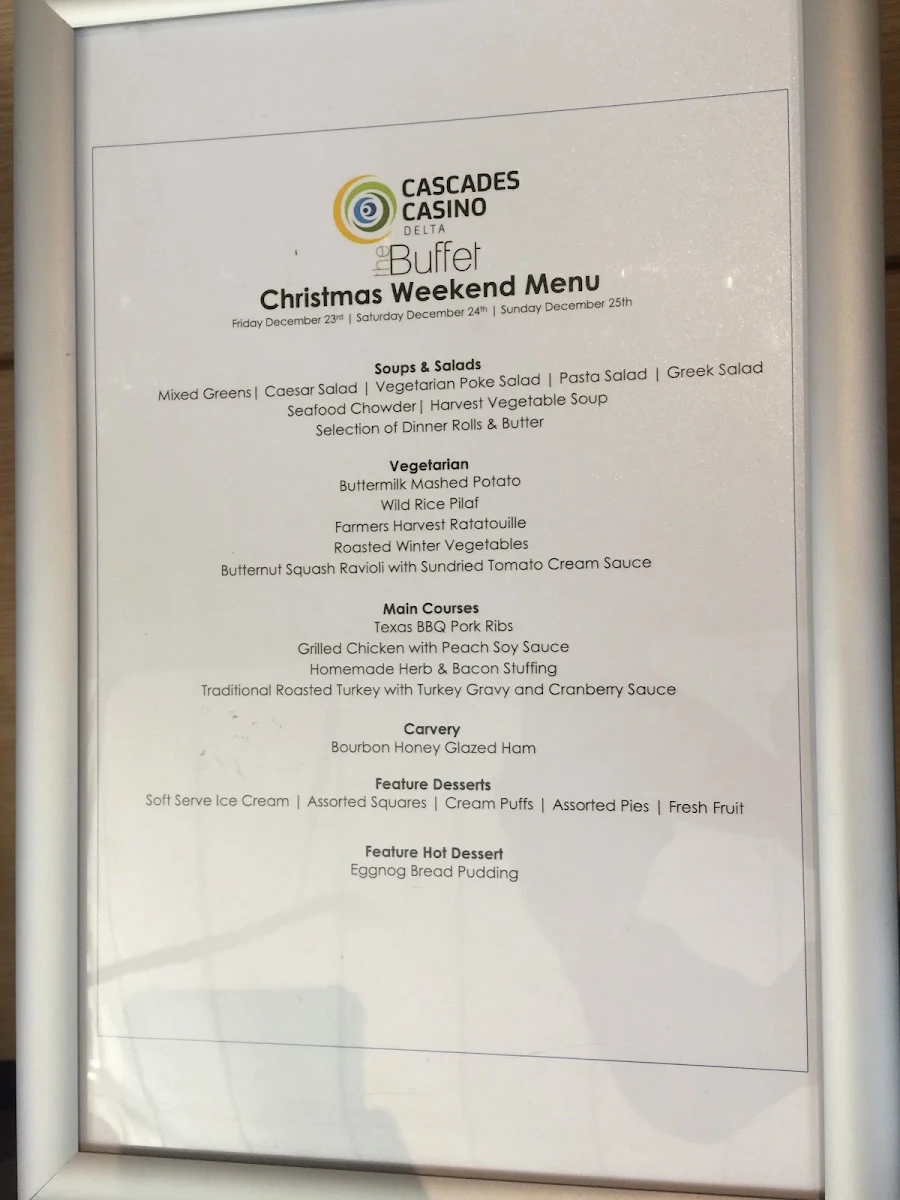 Menu, The Buffet at Cascades Casino Delta
