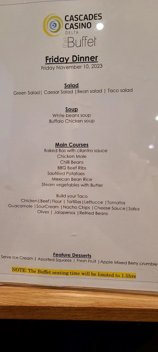Menu, The Buffet at Cascades Casino Delta
