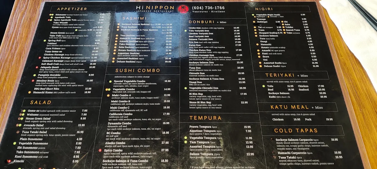 Menu, Hi-Nippon Japanese Restaurant