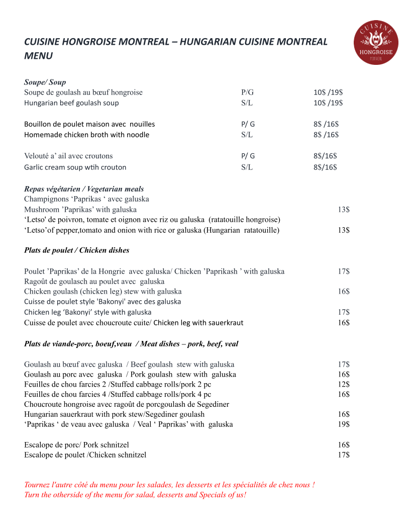 Menu, Cuisine Hongroise Montreal - Hungarian Cuisine Montreal