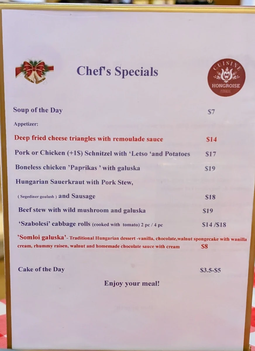 Menu, Cuisine Hongroise Montreal - Hungarian Cuisine Montreal