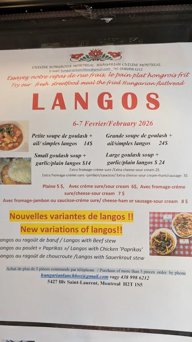Menu, Cuisine Hongroise Montreal - Hungarian Cuisine Montreal