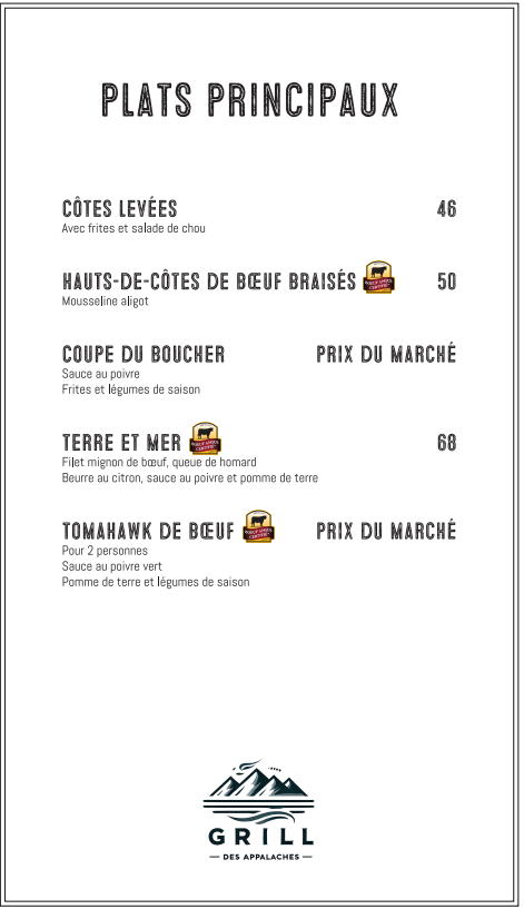 Menu, Grill des Appalaches