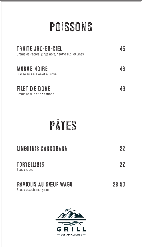 Menu, Grill des Appalaches