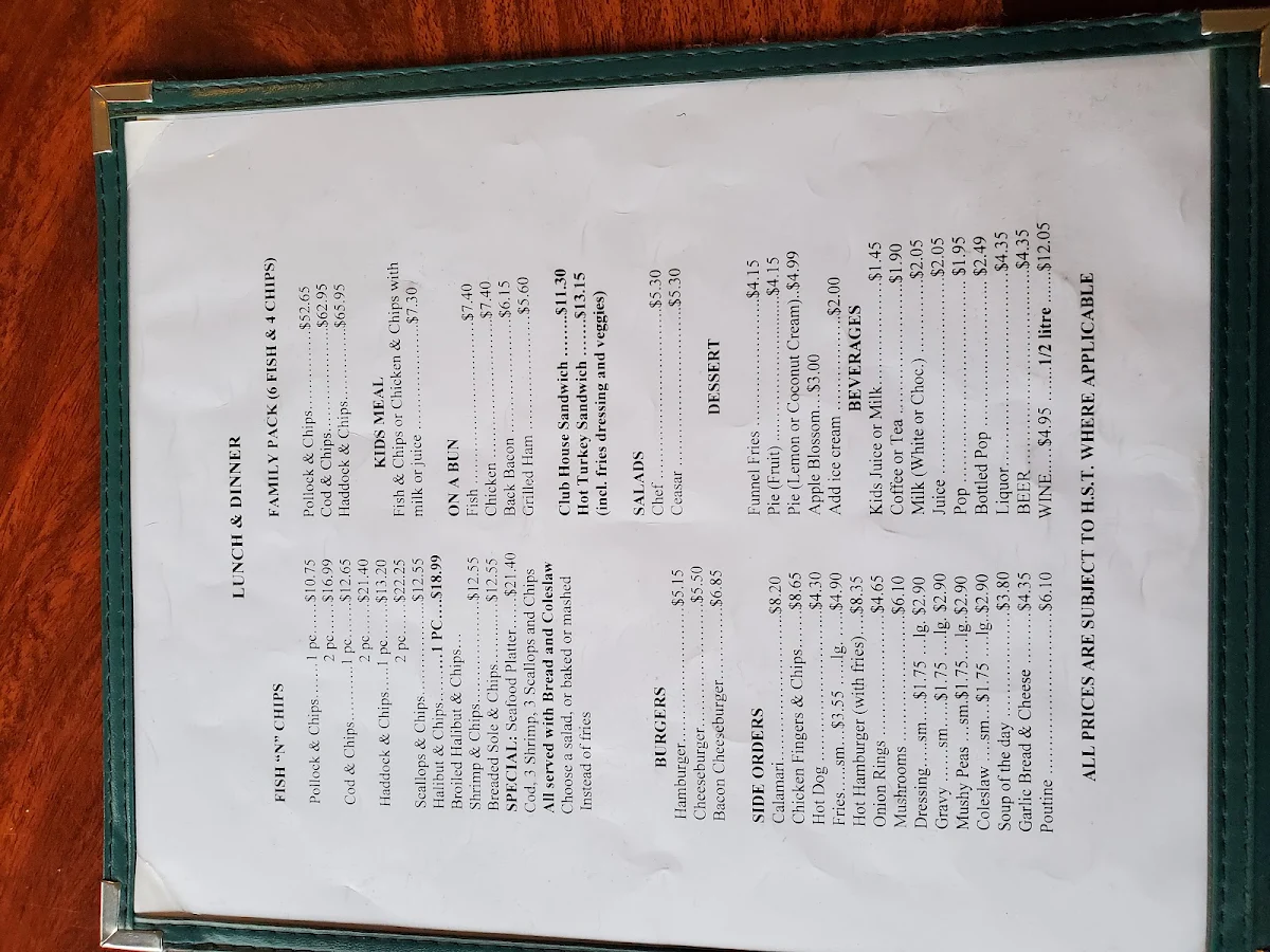 Menu, Barnacle Bill's