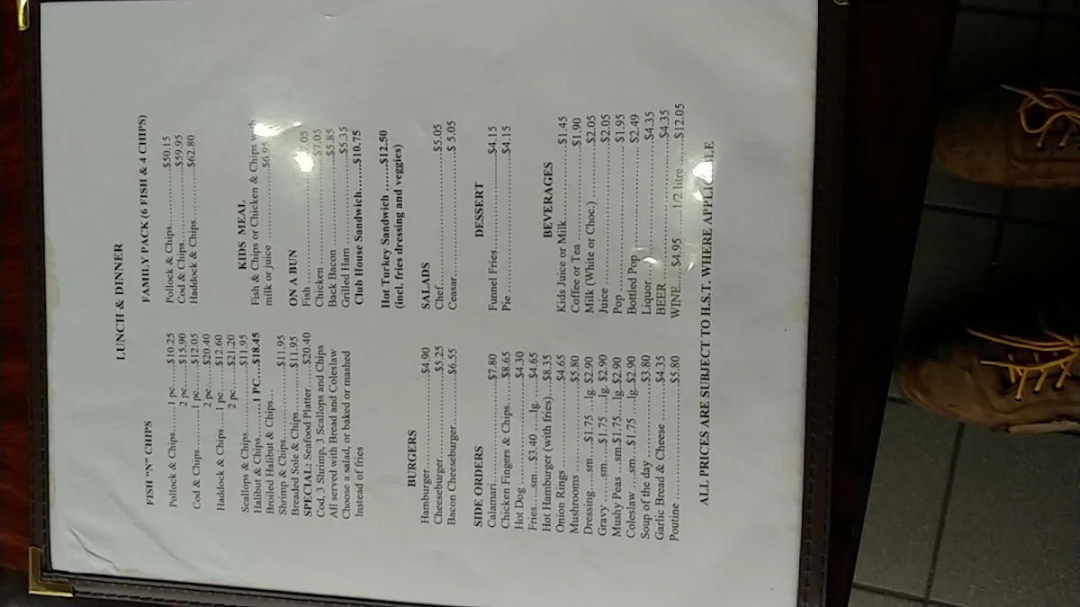 Menu, Barnacle Bill's