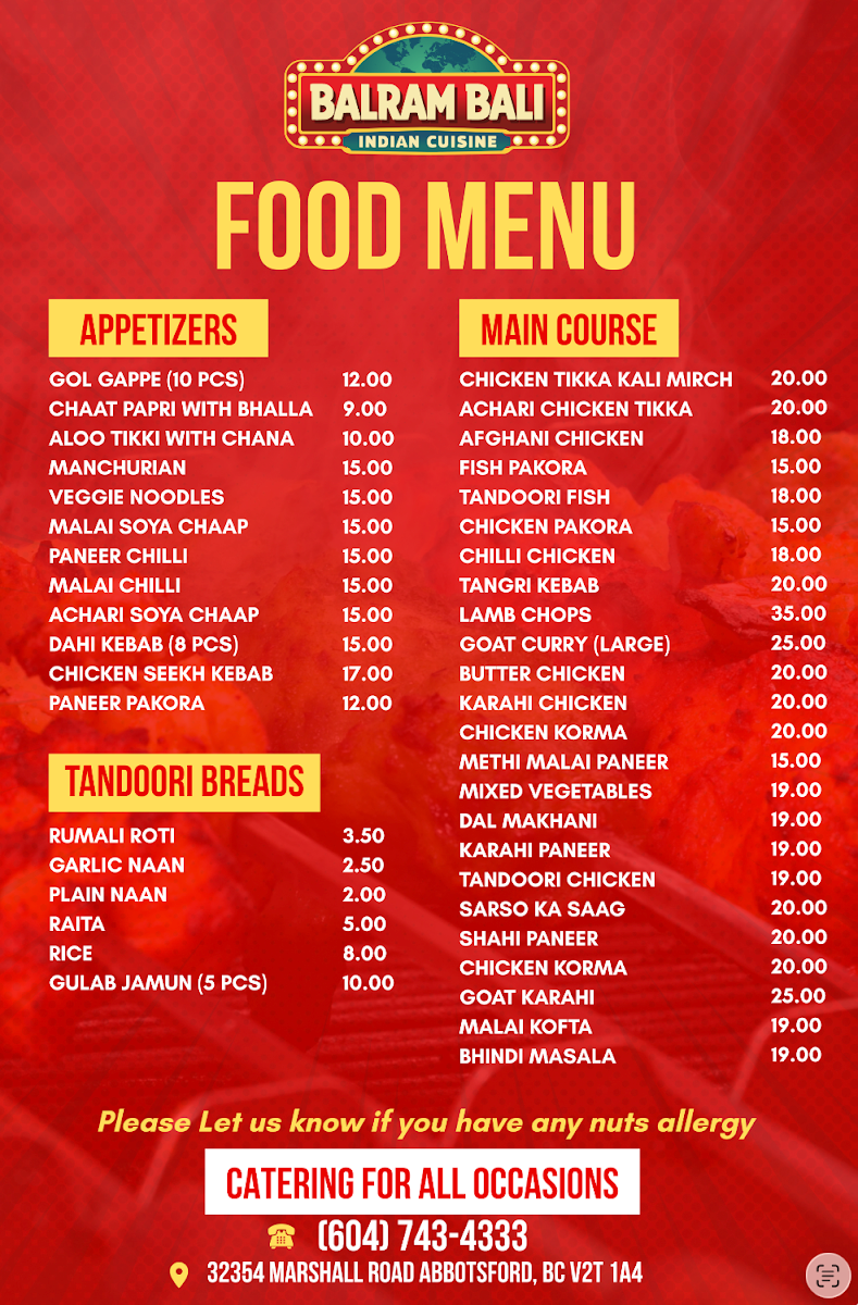 Menu, Balram Bali Indian Cuisine - Abbotsford