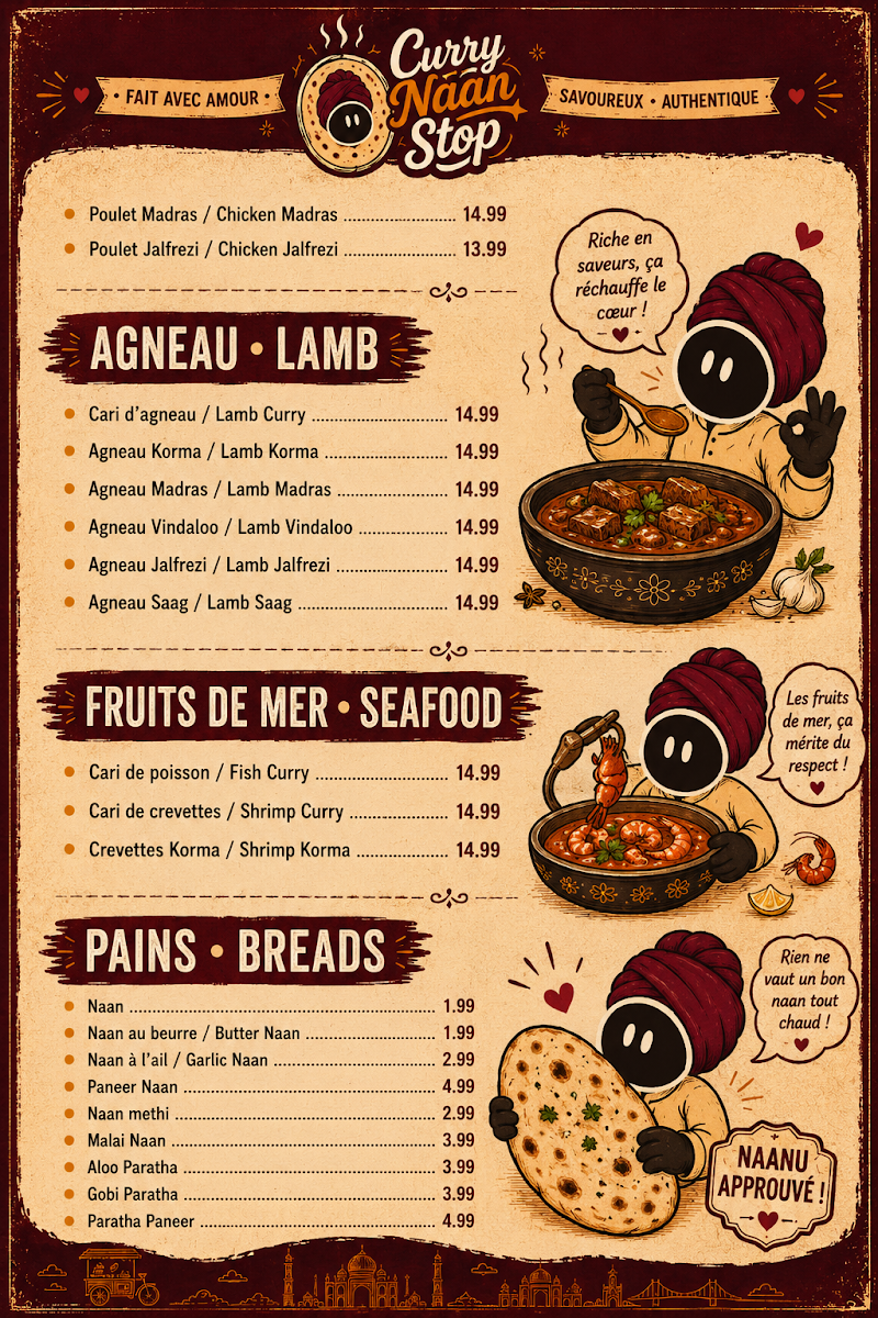 Menu, Curry Naan Stop