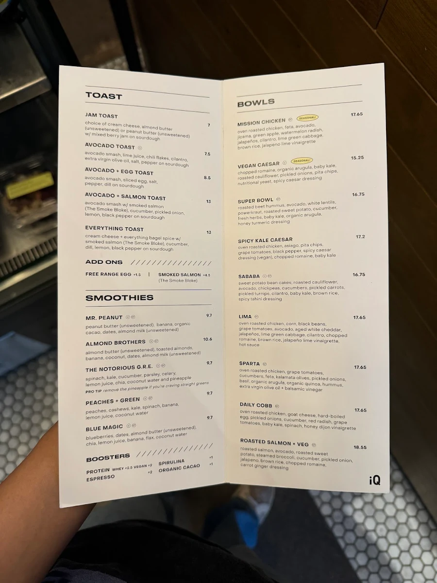 Menu, iQ Food Co.