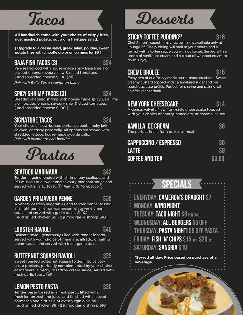 Menu, Lounge 33