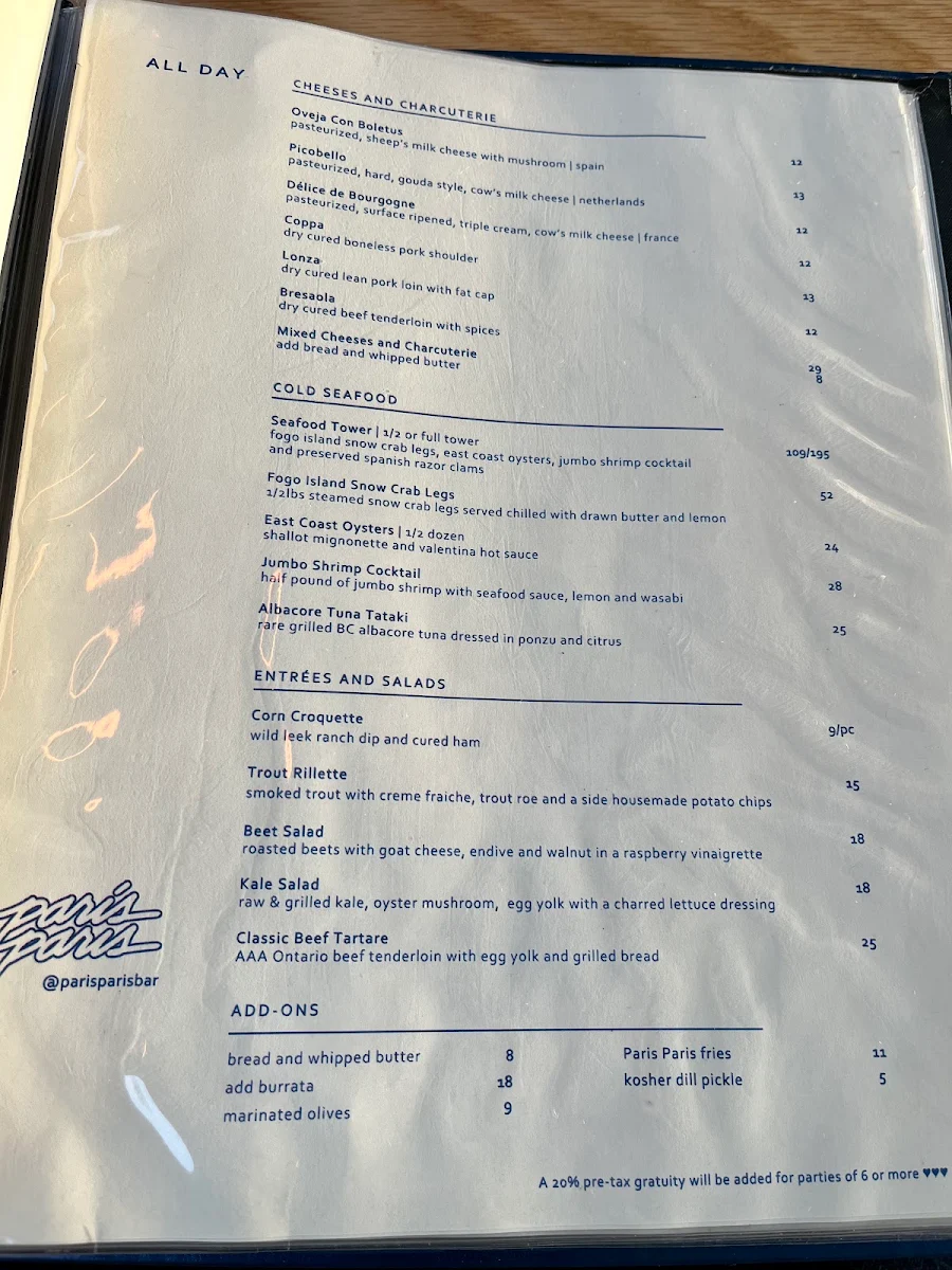 Menu, Paris Paris