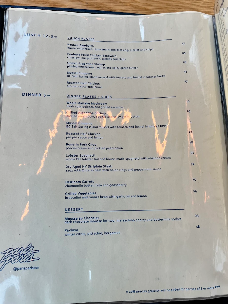 Menu, Paris Paris