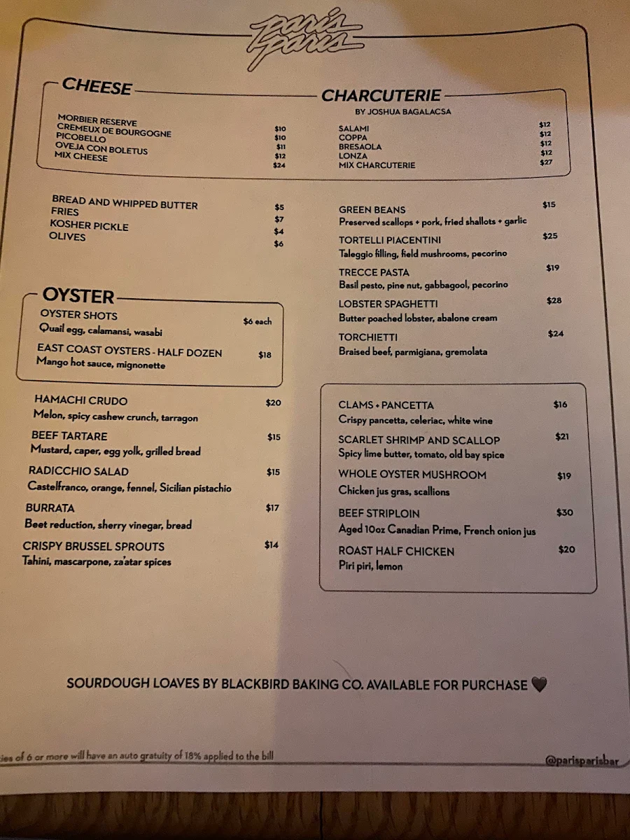 Menu, Paris Paris