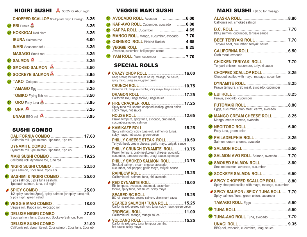 Menu, Togo Sushi UBC