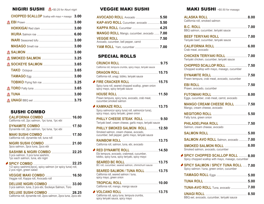 Menu, Togo Sushi UBC