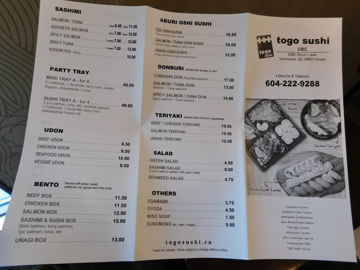Menu, Togo Sushi UBC
