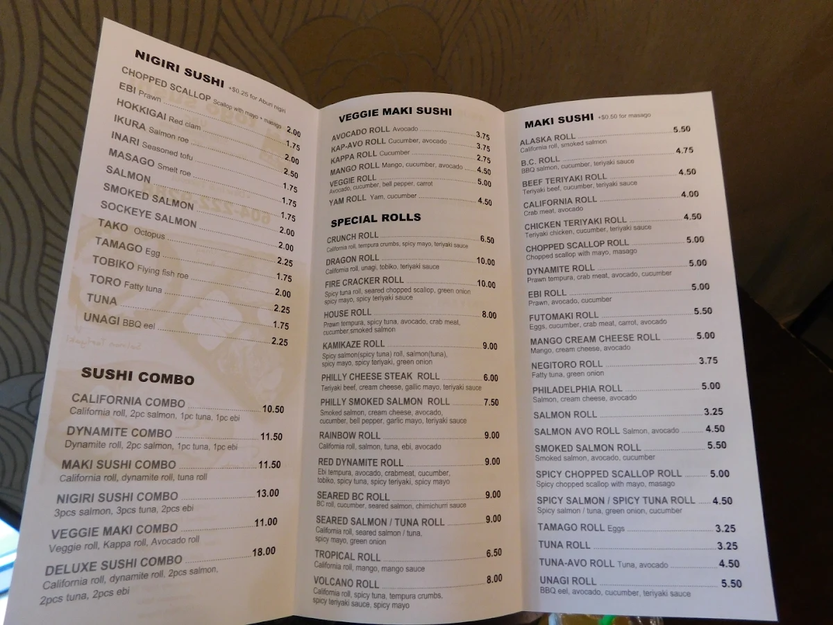 Menu, Togo Sushi UBC