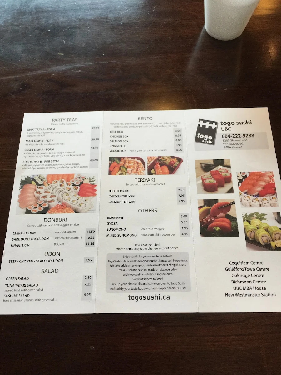 Menu, Togo Sushi UBC
