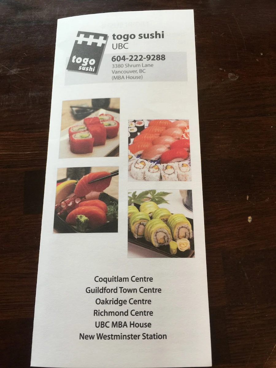 Menu, Togo Sushi UBC
