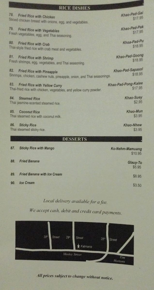 Menu, Thonbury Thai Restaurant