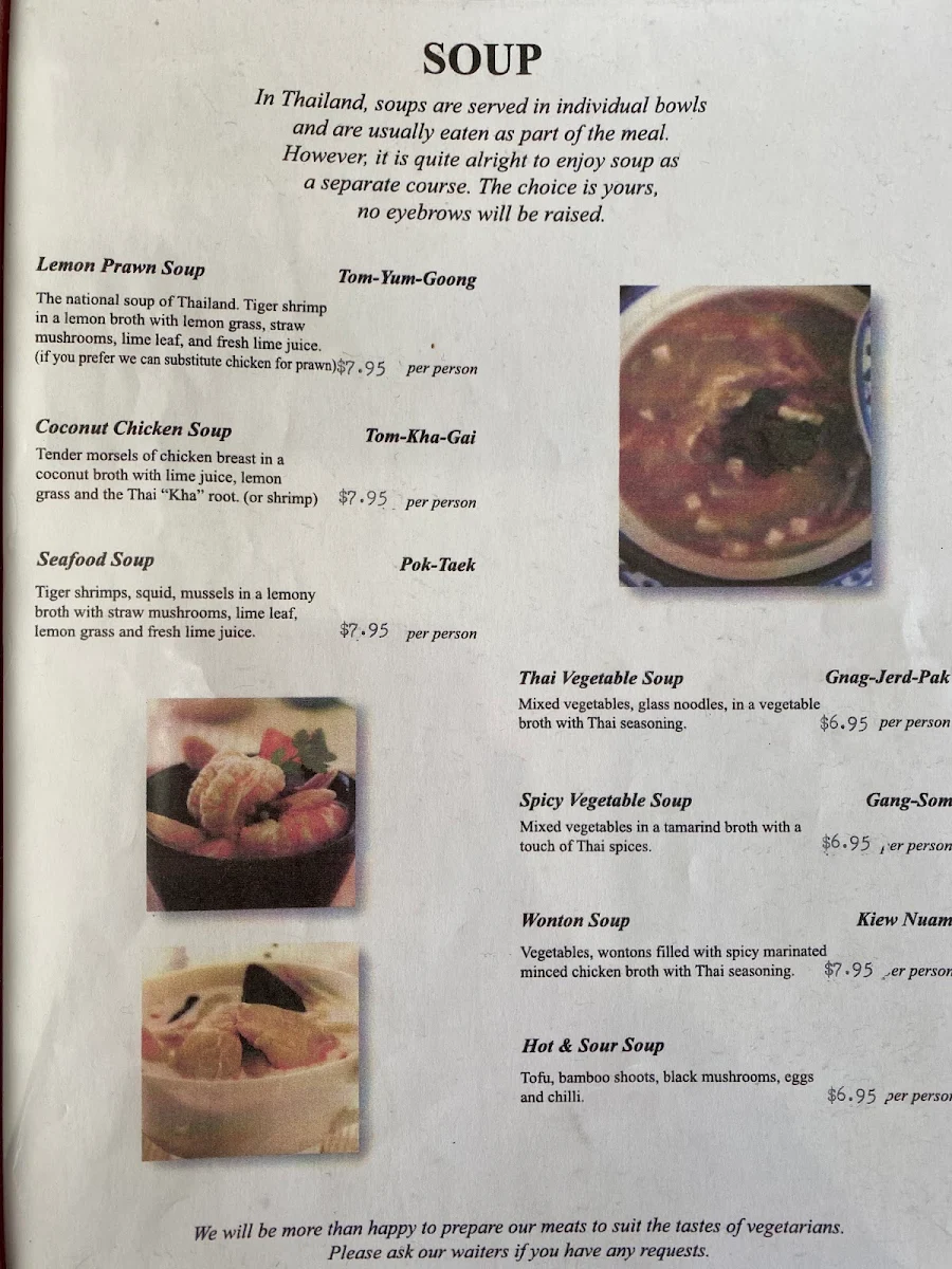 Menu, Thonbury Thai Restaurant