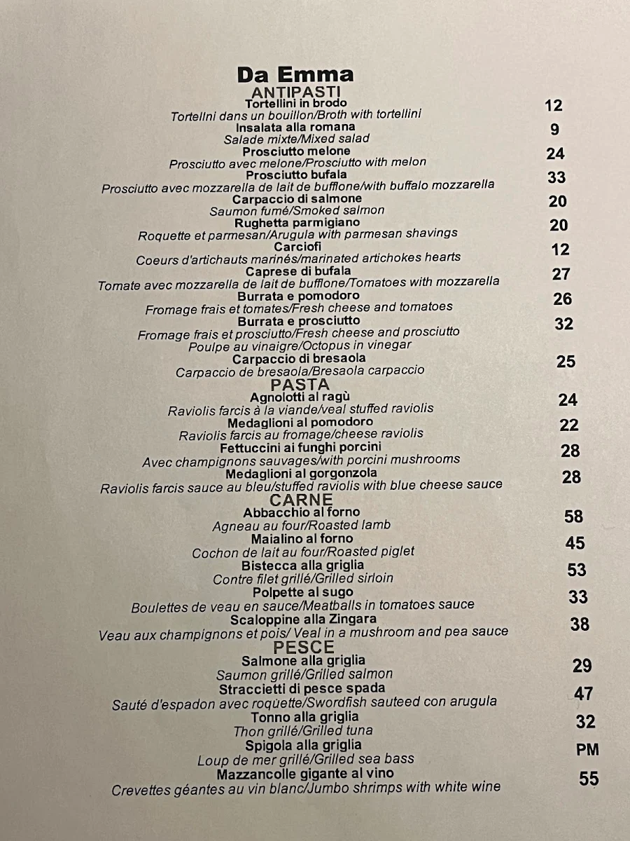 Menu, Restaurant Da Emma
