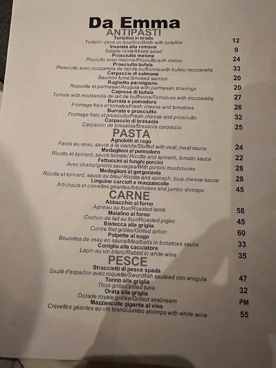 Menu, Restaurant Da Emma