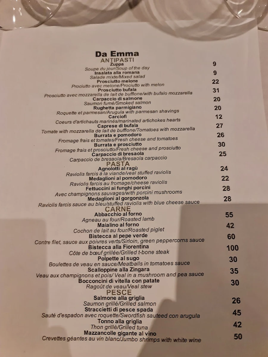 Menu, Restaurant Da Emma