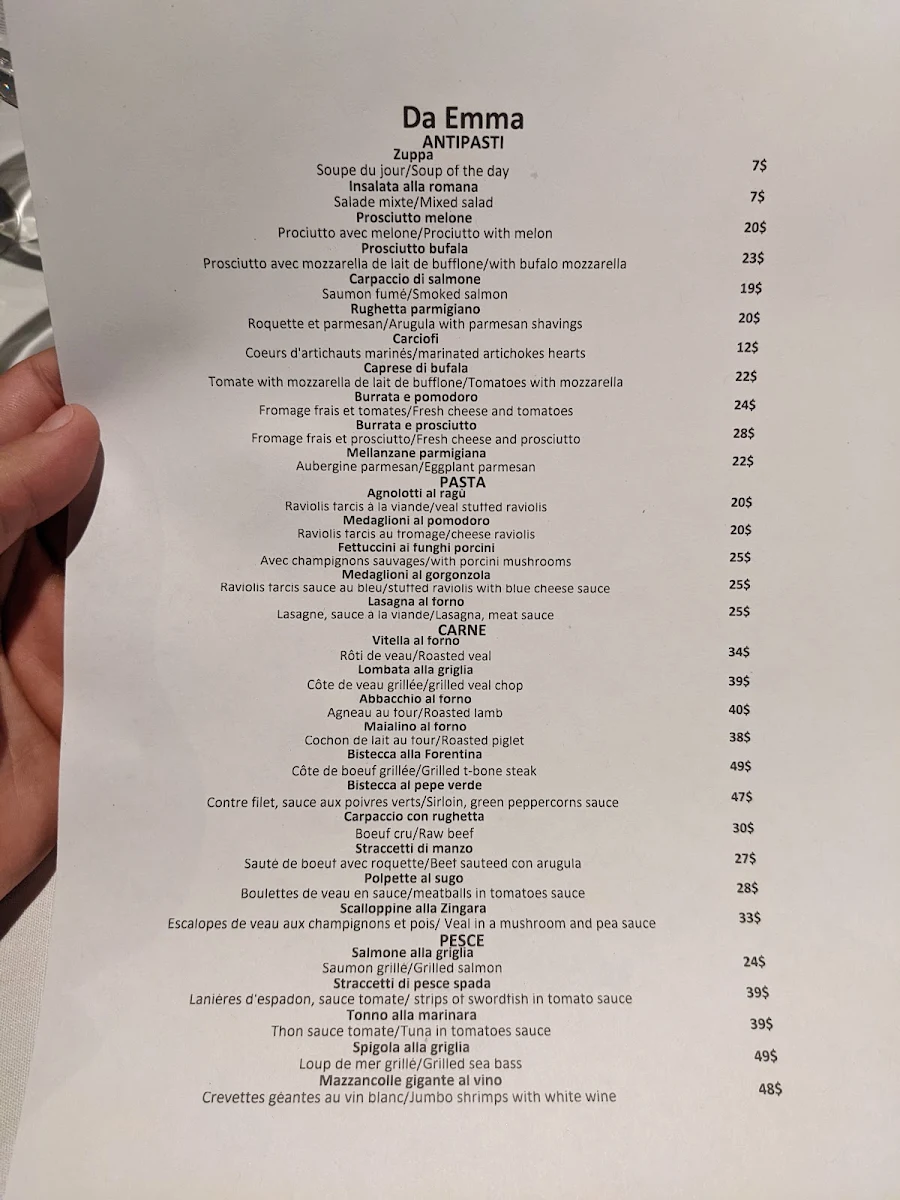 Menu, Restaurant Da Emma