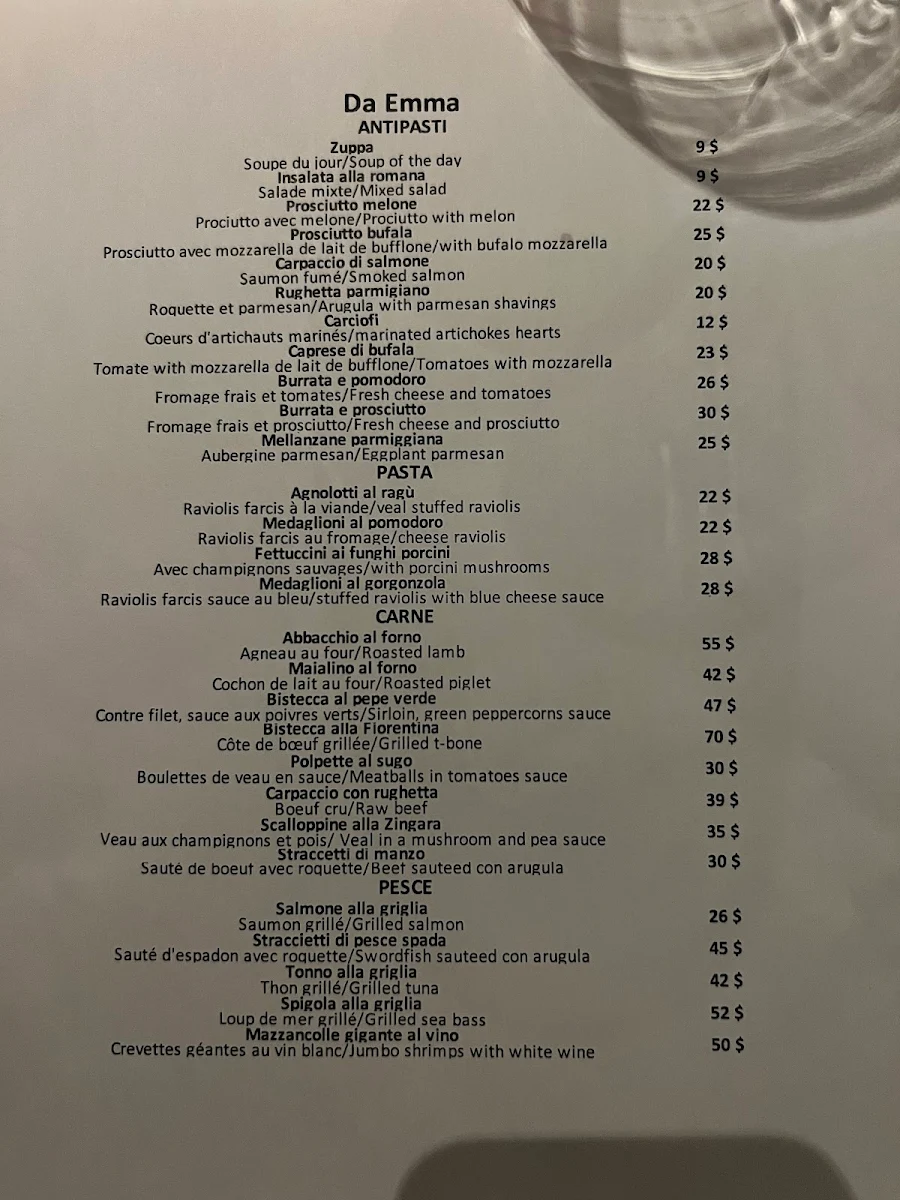 Menu, Restaurant Da Emma
