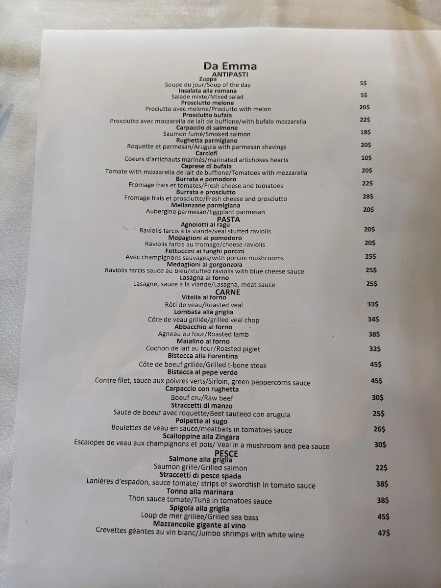 Menu, Restaurant Da Emma