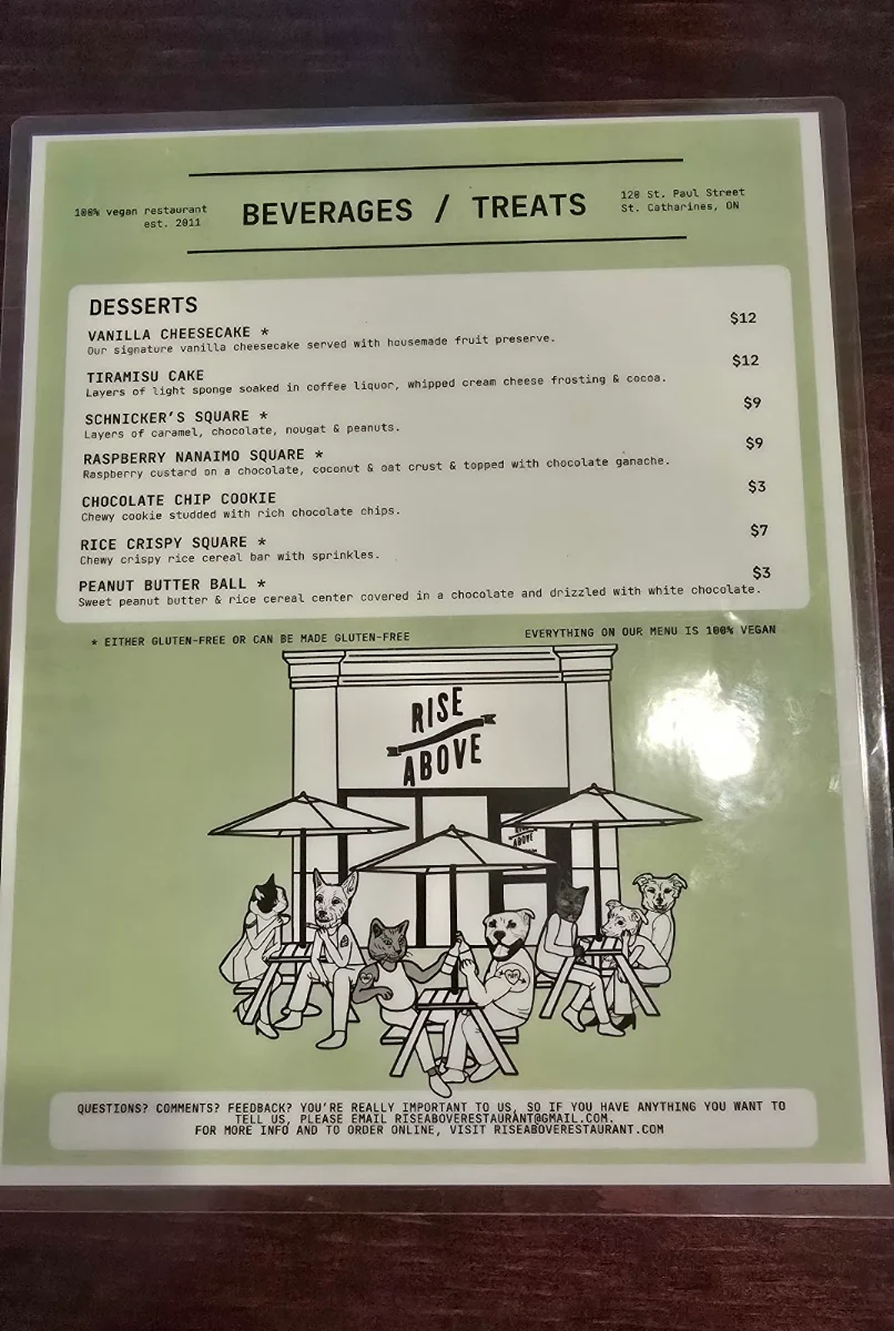 Menu, Rise Above Restaurant