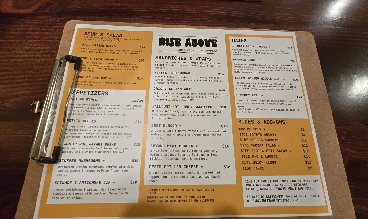 Menu, Rise Above Restaurant