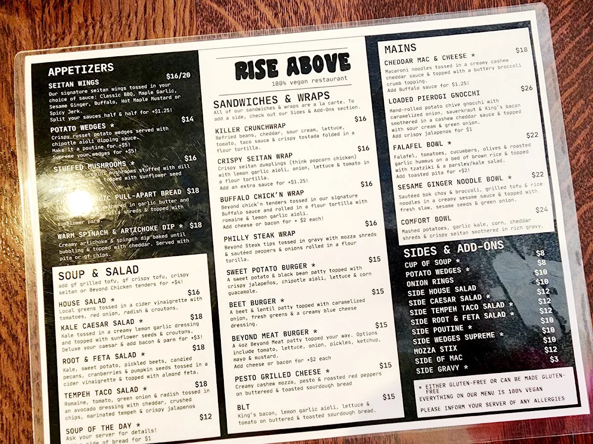 Menu, Rise Above Restaurant