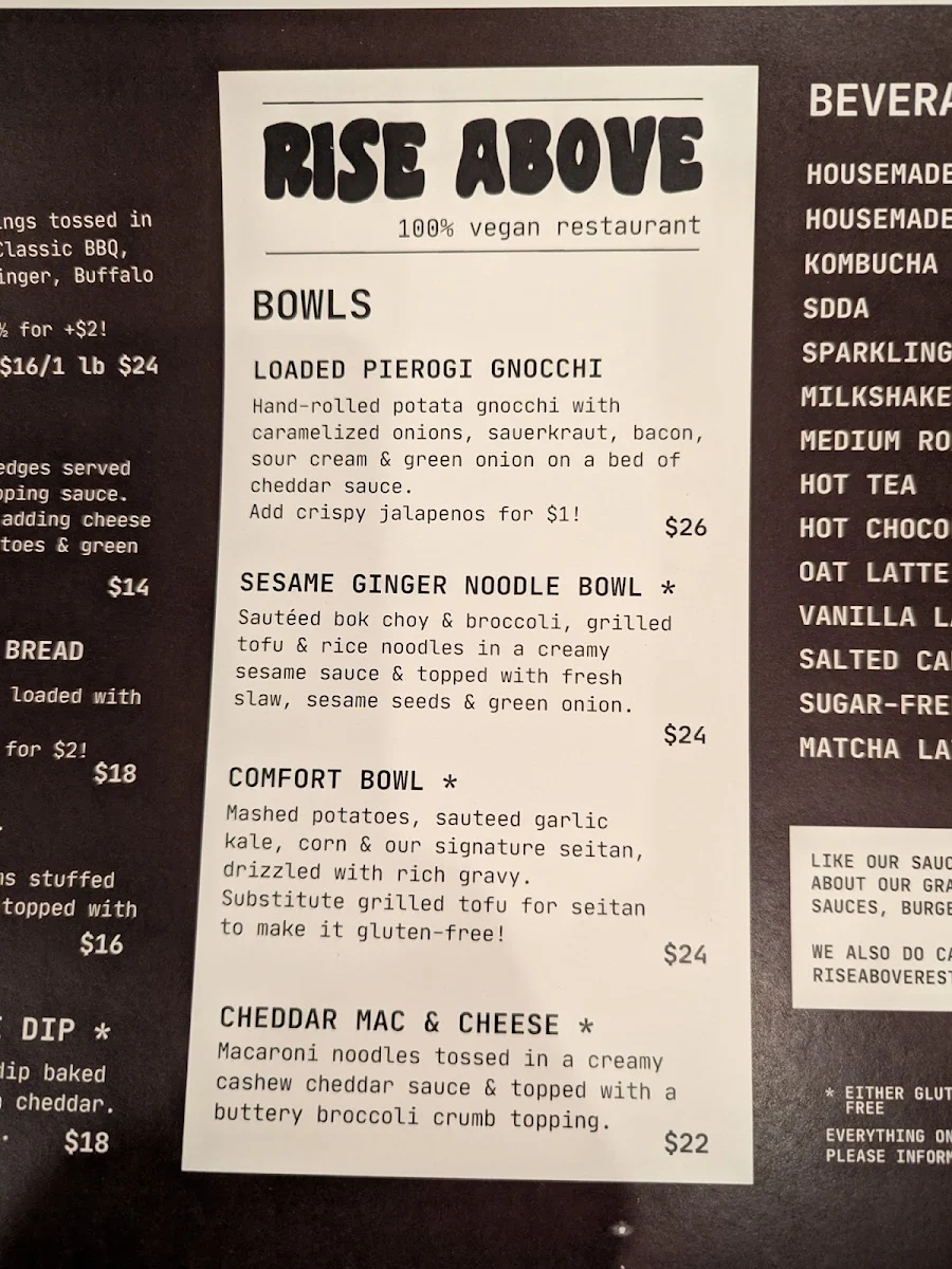 Menu, Rise Above Restaurant