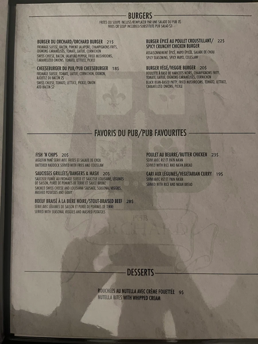 Menu, Ye Olde Orchard Pub & Grill