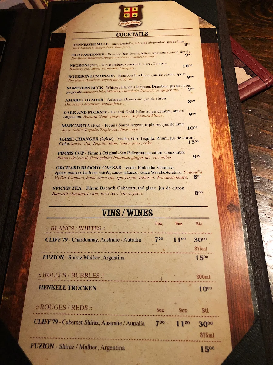 Menu, Ye Olde Orchard Pub & Grill