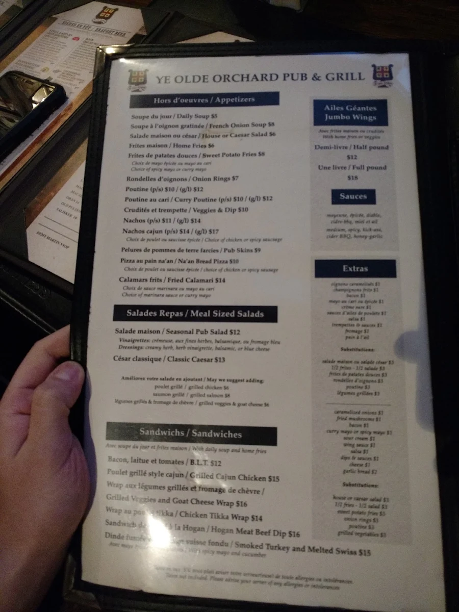 Menu, Ye Olde Orchard Pub & Grill