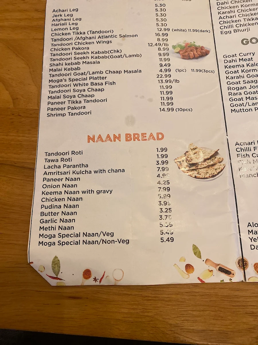 Menu, Moga Meat Bar & Grill