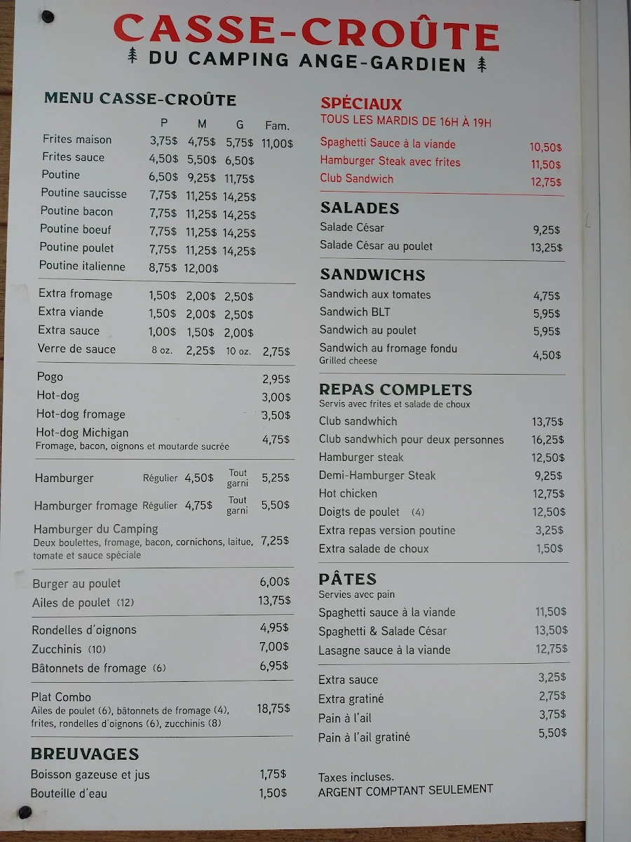 Menu, Casse-Croûte du Camping Ange-Gardien