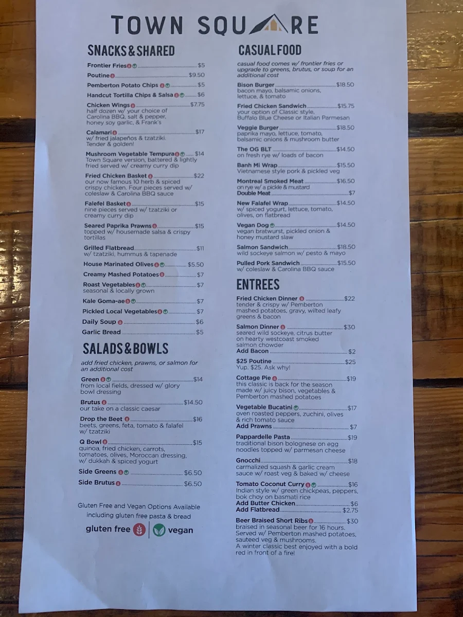 Menu, Town Square Restaurant