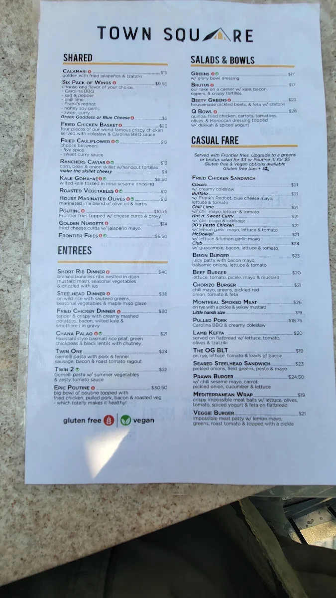 Menu, Town Square Restaurant