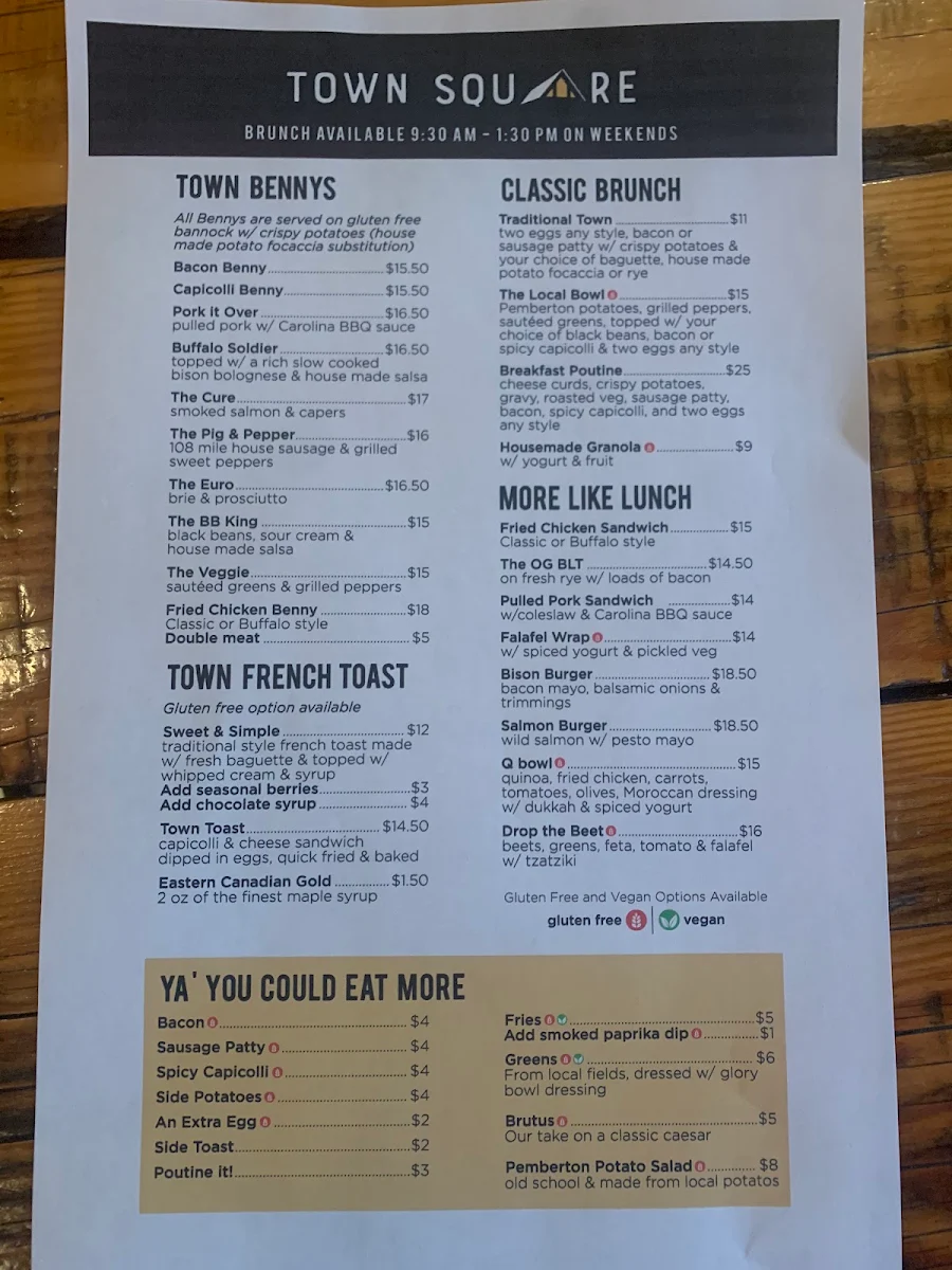 Menu, Town Square Restaurant