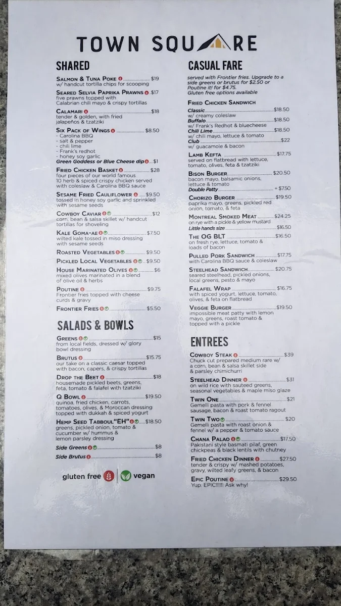 Menu, Town Square Restaurant